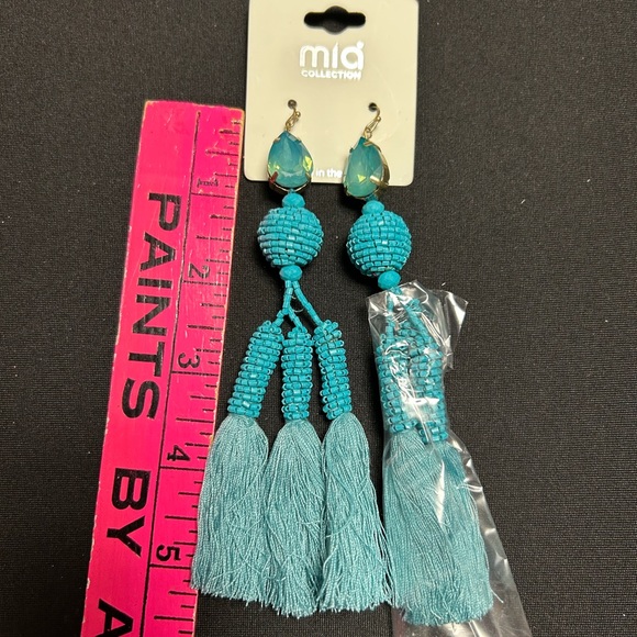 NWT Mai Collection TURQUOISE BEADED TASSEL EARRINGS - Picture 2 of 4